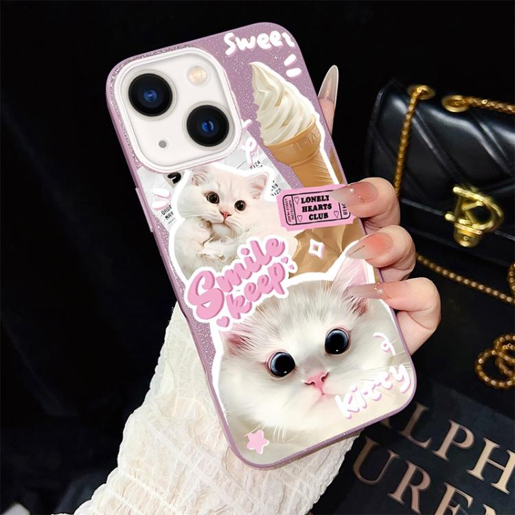 For iPhone 14 Ice Cream Cats Pattern IMD Glitter PC Hybrid TPU Phone Case