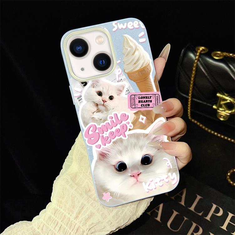 For iPhone 14 Plus Ice Cream Cats Pattern IMD Glitter PC Hybrid TPU Phone Case