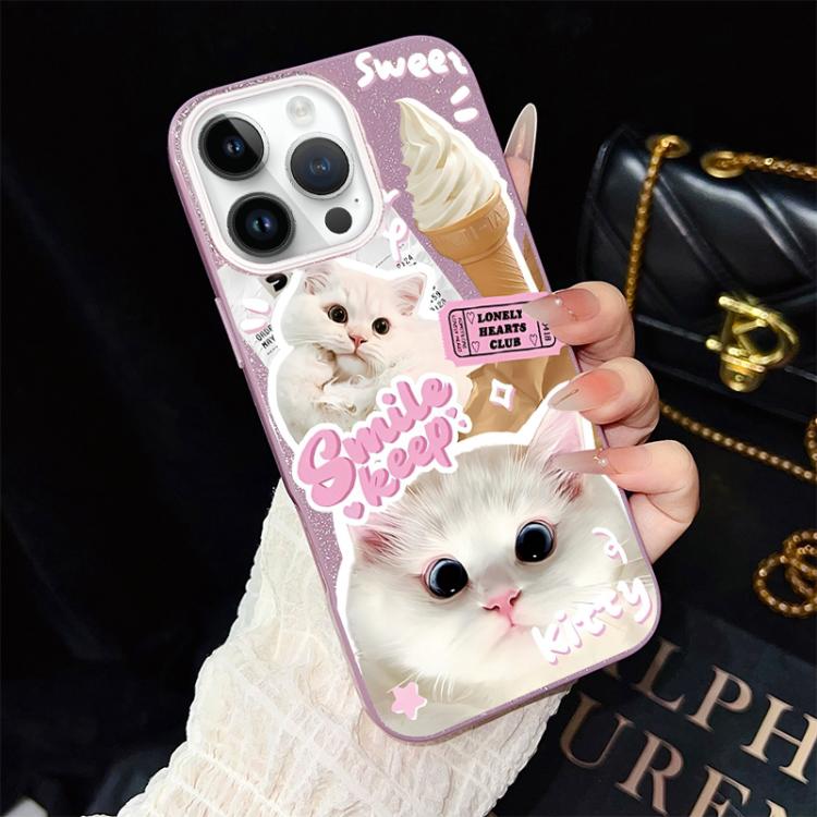 For iPhone 14 Pro Ice Cream Cats Pattern IMD Glitter PC Hybrid TPU Phone Case