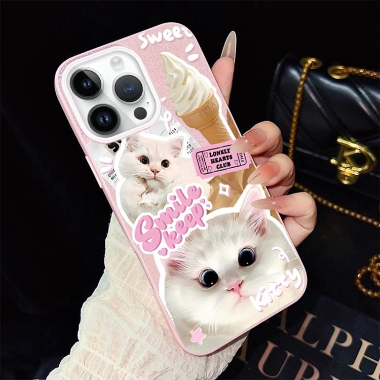 For iPhone 14 Pro Max Ice Cream Cats Pattern IMD Glitter PC Hybrid TPU Phone Case