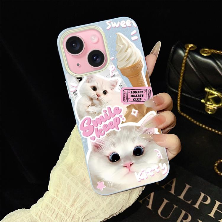 For iPhone 15 Ice Cream Cats Pattern IMD Glitter PC Hybrid TPU Phone Case