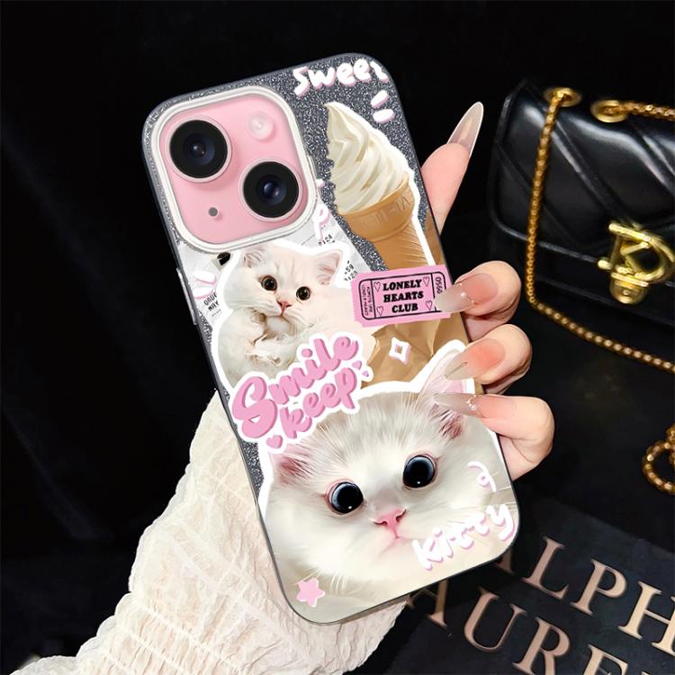 For iPhone 15 Plus Ice Cream Cats Pattern IMD Glitter PC Hybrid TPU Phone Case