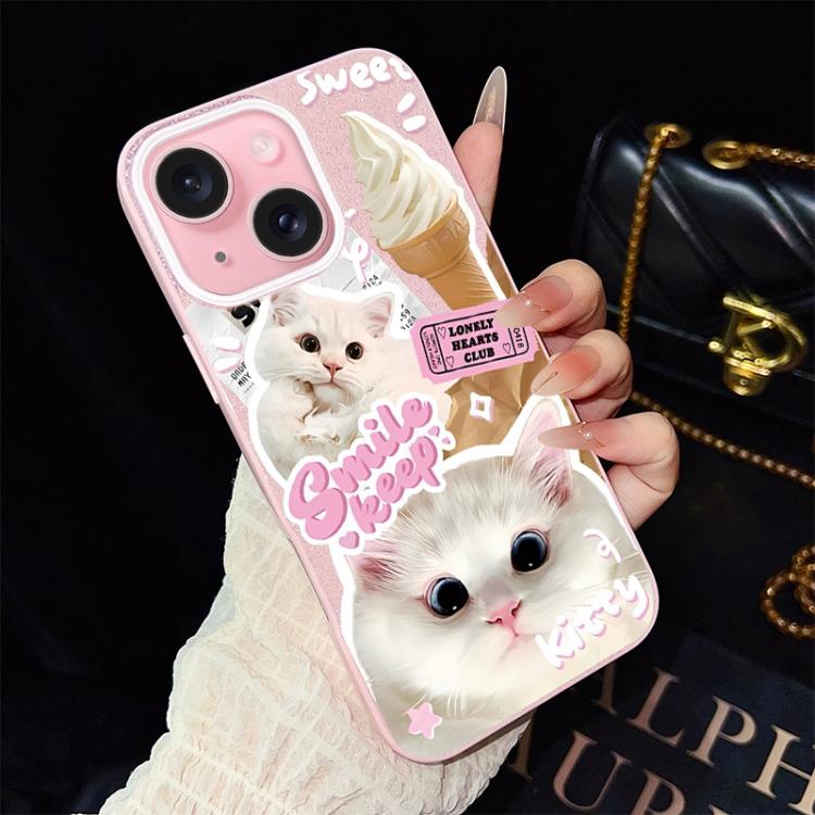 For iPhone 15 Plus Ice Cream Cats Pattern IMD Glitter PC Hybrid TPU Phone Case