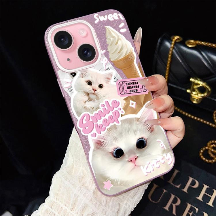 For iPhone 15 Plus Ice Cream Cats Pattern IMD Glitter PC Hybrid TPU Phone Case