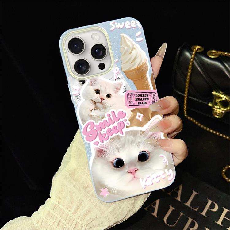 For iPhone 15 Pro Ice Cream Cats Pattern IMD Glitter PC Hybrid TPU Phone Case
