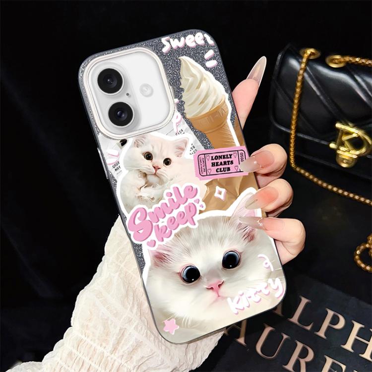 For iPhone 16 Plus Ice Cream Cats Pattern IMD Glitter PC Hybrid TPU Phone Case