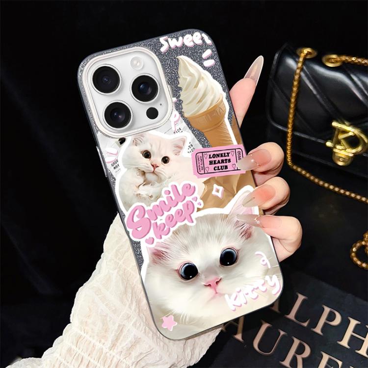 For iPhone 16 Pro Ice Cream Cats Pattern IMD Glitter PC Hybrid TPU Phone Case