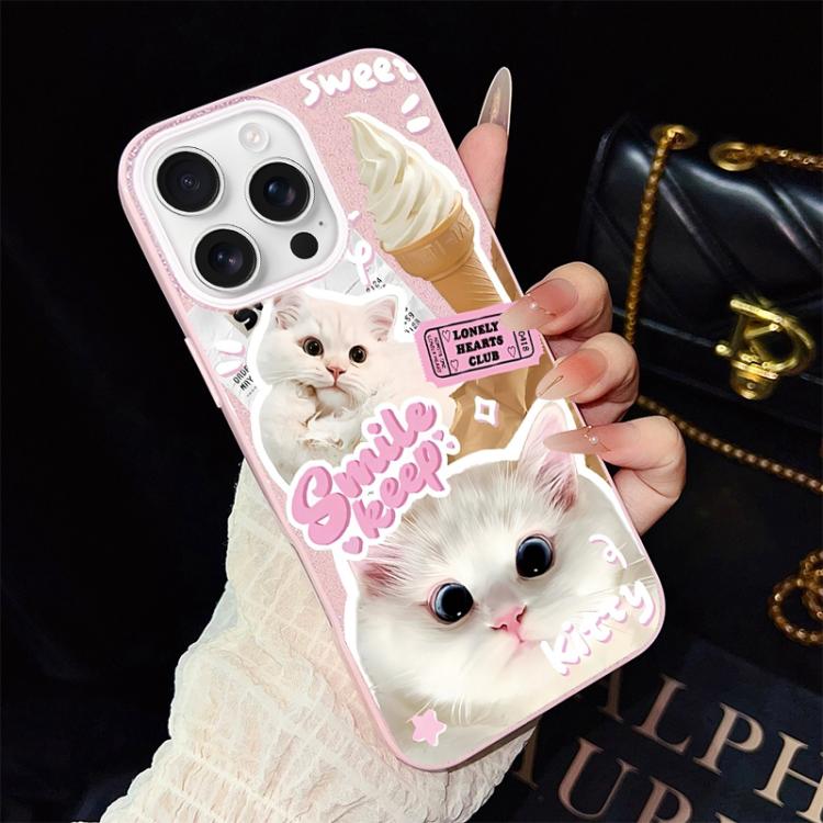 For iPhone 16 Pro Ice Cream Cats Pattern IMD Glitter PC Hybrid TPU Phone Case