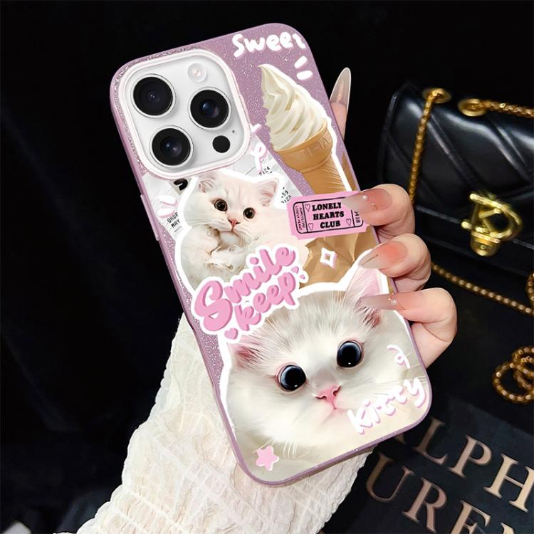 For iPhone 16 Pro Ice Cream Cats Pattern IMD Glitter PC Hybrid TPU Phone Case