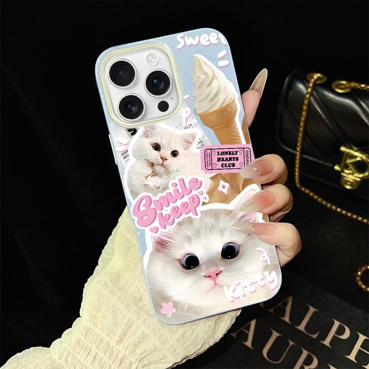 For iPhone 16 Pro Max Ice Cream Cats Pattern IMD Glitter PC Hybrid TPU Phone Case