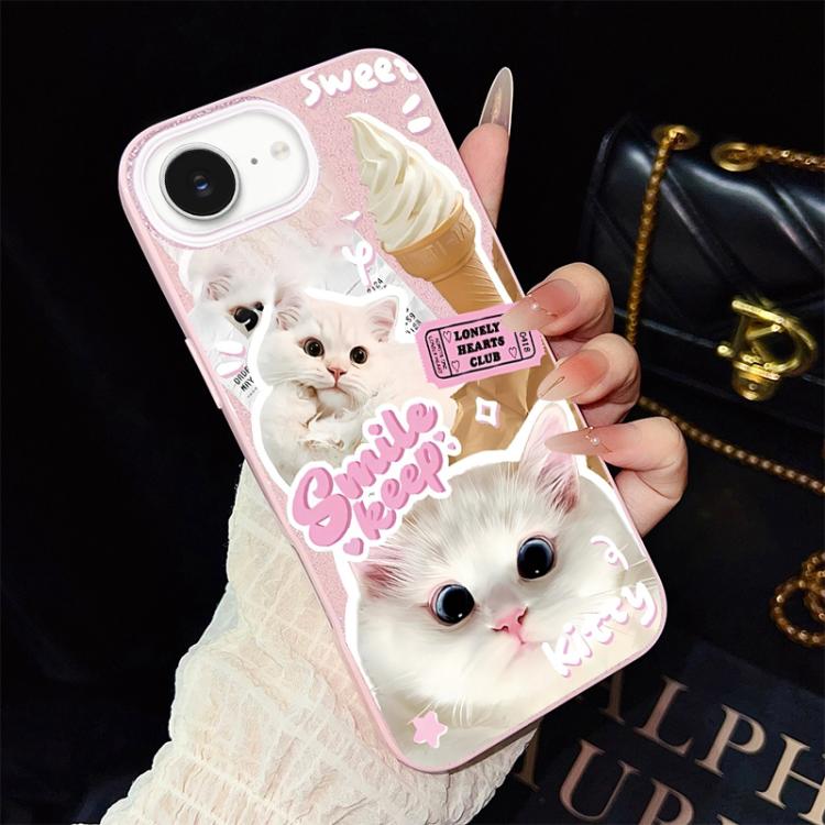 For iPhone 17e / 16e Ice Cream Cats Pattern IMD Glitter PC Hybrid TPU Phone Case