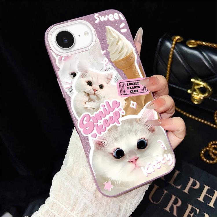 For iPhone 17e / 16e Ice Cream Cats Pattern IMD Glitter PC Hybrid TPU Phone Case