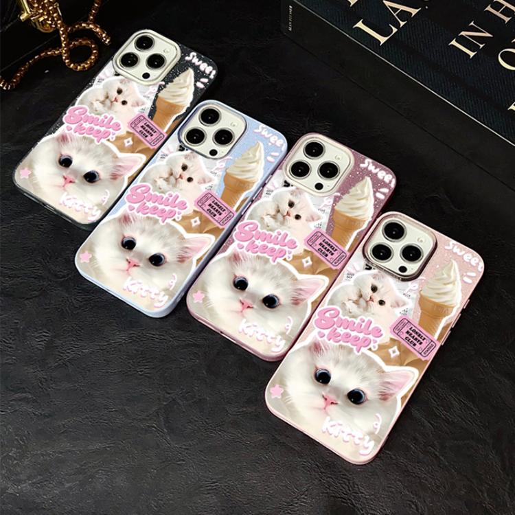 For iPhone 15 Plus Ice Cream Cats Pattern IMD Glitter PC Hybrid TPU Phone Case
