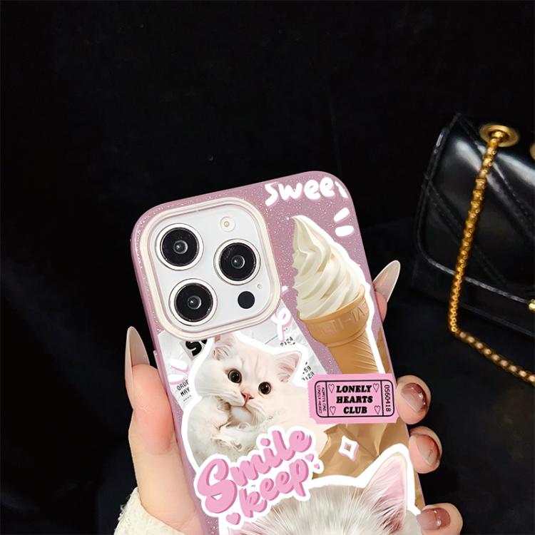 For iPhone 14 Plus Ice Cream Cats Pattern IMD Glitter PC Hybrid TPU Phone Case