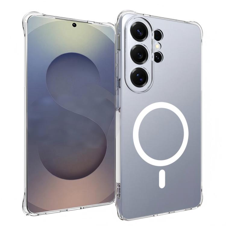 For Galaxy S26 Ultra 5G WANLONFENG Transparent Magnetic Four-Corner Shockproof TPU Phone Case with Screen Film - Transparent