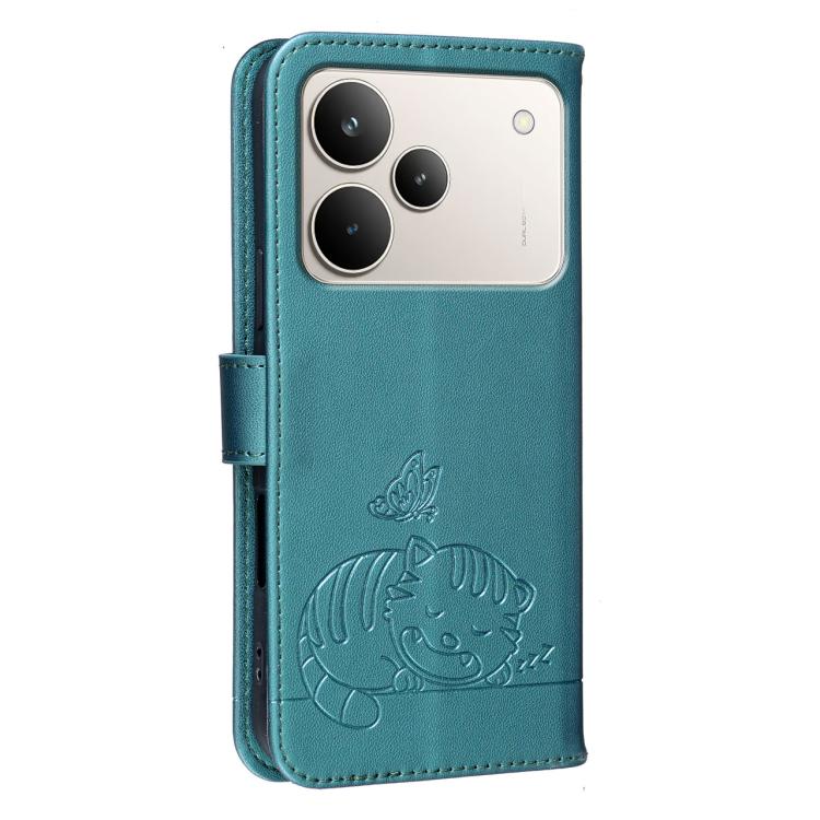 For Realme P4 Pro 5G Cat Butterfly Embossed RFID Vegan Leather Phone Case with Strap