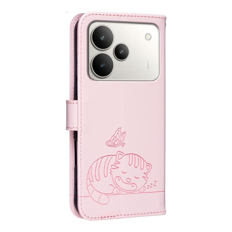 For Realme P4 5G Cat Butterfly Embossed RFID Vegan Leather Phone Case with Strap