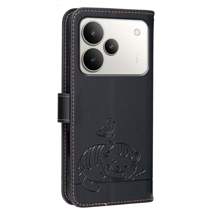 For Realme P4 5G Cat Butterfly Embossed RFID Vegan Leather Phone Case with Strap