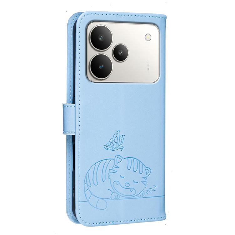 For Realme P4 5G Cat Butterfly Embossed RFID Vegan Leather Phone Case with Strap