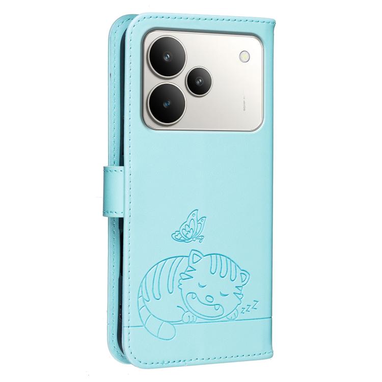 For Realme P4 5G Cat Butterfly Embossed RFID Vegan Leather Phone Case with Strap