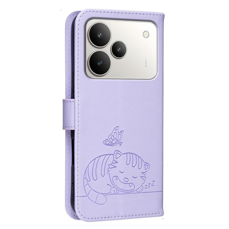 For Realme P4 5G Cat Butterfly Embossed RFID Vegan Leather Phone Case with Strap