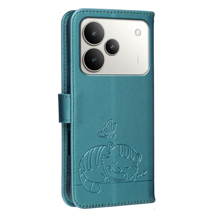 For Realme P4 5G Cat Butterfly Embossed RFID Vegan Leather Phone Case with Strap