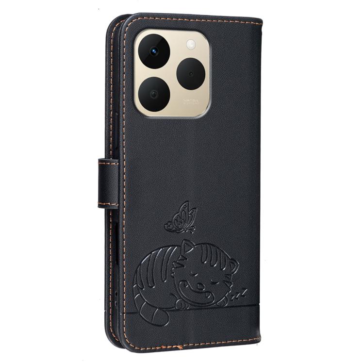 For Realme 15T 5G Cat Butterfly Embossed RFID Vegan Leather Phone Case with Strap