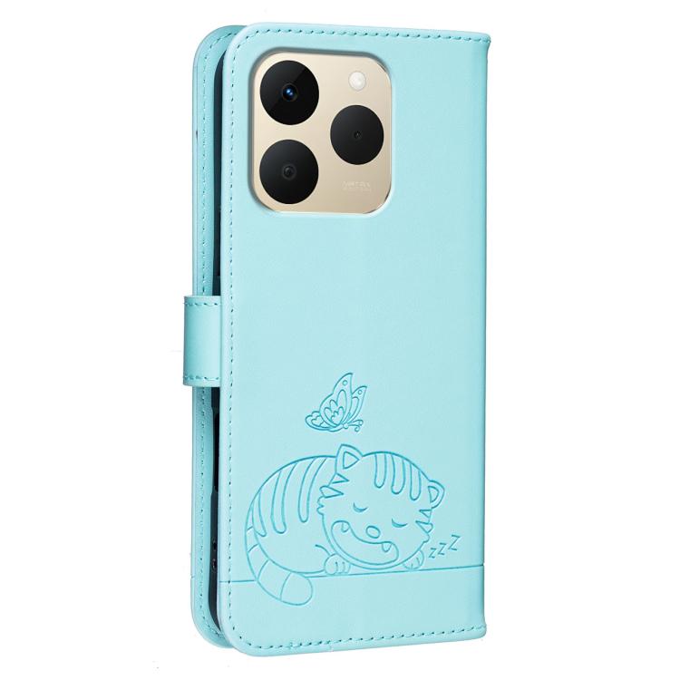 For Realme 15T 5G Cat Butterfly Embossed RFID Vegan Leather Phone Case with Strap