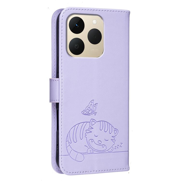 For Realme 15T 5G Cat Butterfly Embossed RFID Vegan Leather Phone Case with Strap