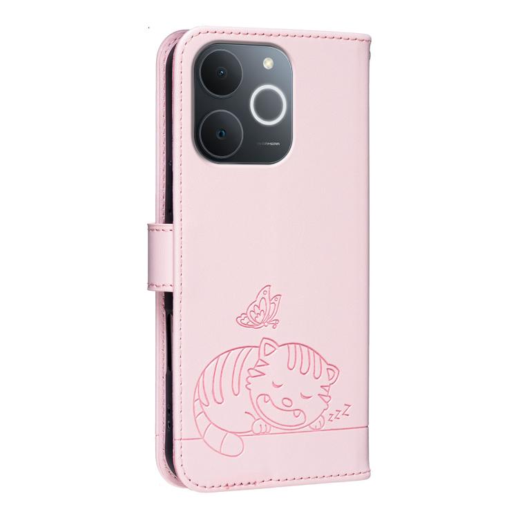 For Realme C71 India Cat Butterfly Embossed RFID Vegan Leather Phone Case with Strap