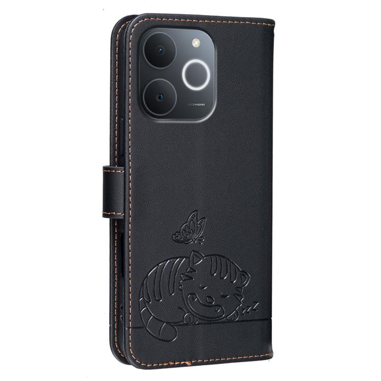 For Realme C71 India Cat Butterfly Embossed RFID Vegan Leather Phone Case with Strap