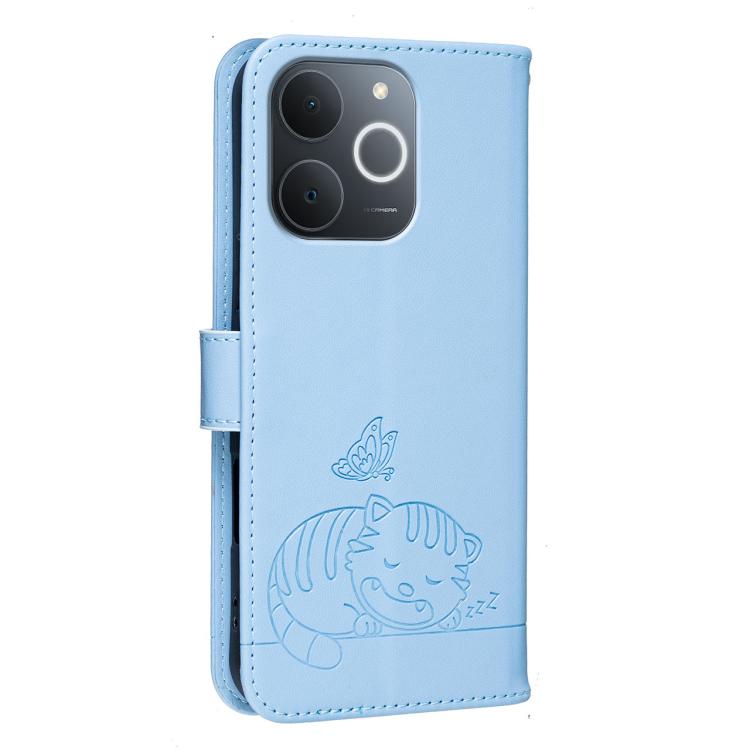For Realme C71 India Cat Butterfly Embossed RFID Vegan Leather Phone Case with Strap
