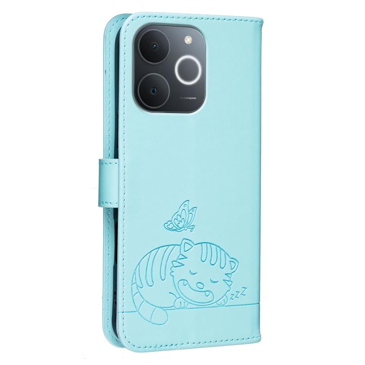 For Realme C71 India Cat Butterfly Embossed RFID Vegan Leather Phone Case with Strap