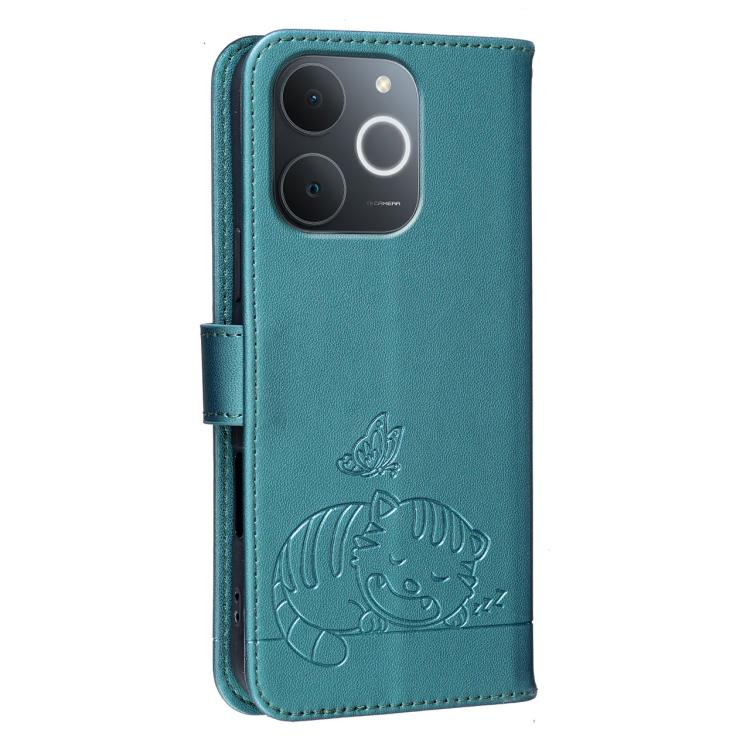 For Realme C71 India Cat Butterfly Embossed RFID Vegan Leather Phone Case with Strap