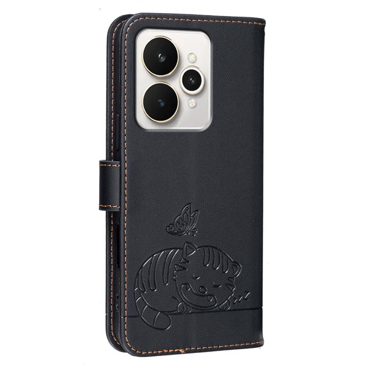 For Realme 15 5G Cat Butterfly Embossed RFID Vegan Leather Phone Case with Strap