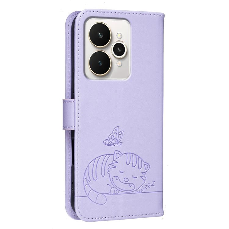 For Realme 15 5G Cat Butterfly Embossed RFID Vegan Leather Phone Case with Strap