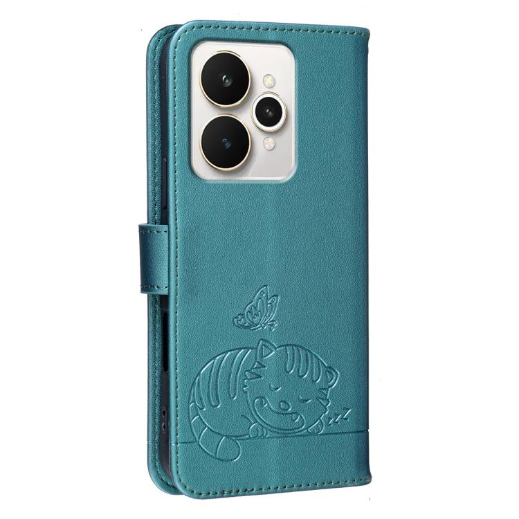 For Realme 15 5G Cat Butterfly Embossed RFID Vegan Leather Phone Case with Strap
