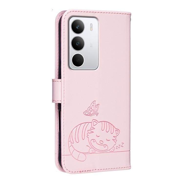 For Realme C71 4G Cat Butterfly Embossed RFID Vegan Leather Phone Case with Strap