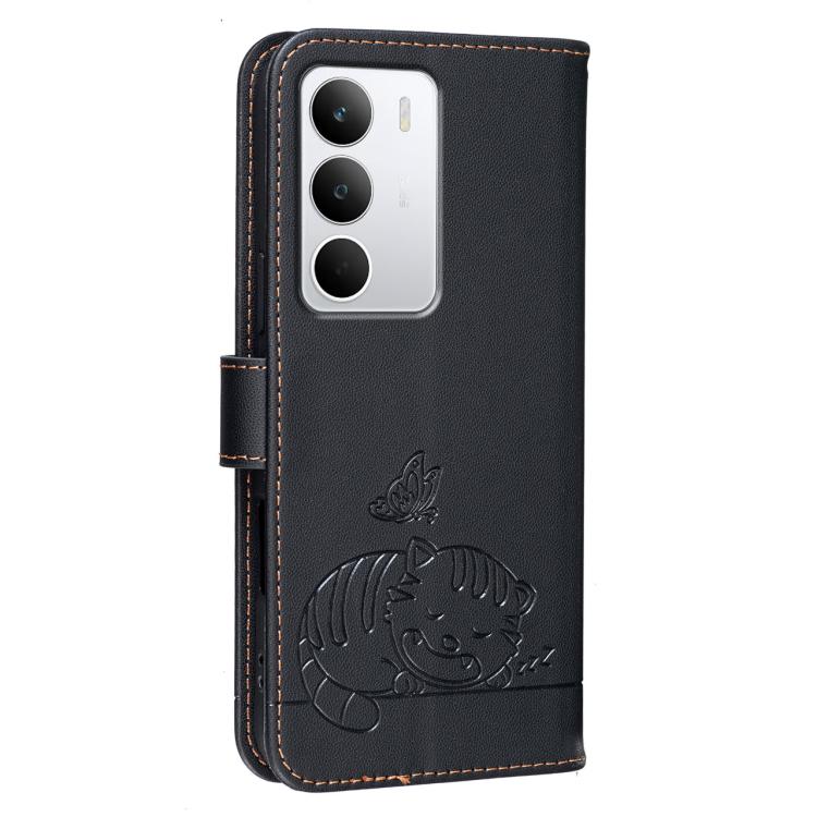 For Realme C71 4G Cat Butterfly Embossed RFID Vegan Leather Phone Case with Strap