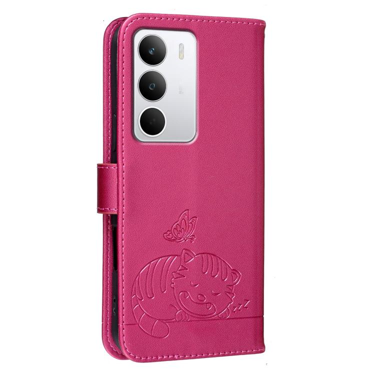 For Realme C71 4G Cat Butterfly Embossed RFID Vegan Leather Phone Case with Strap