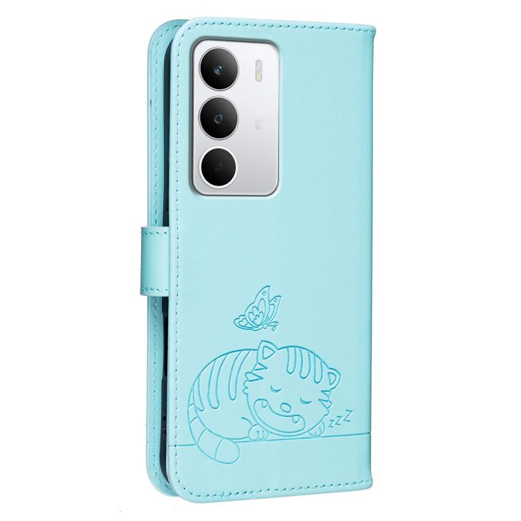 For Realme C71 4G Cat Butterfly Embossed RFID Vegan Leather Phone Case with Strap