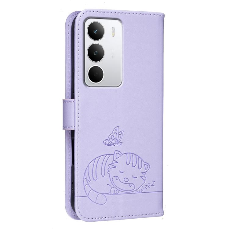 For Realme C71 4G Cat Butterfly Embossed RFID Vegan Leather Phone Case with Strap