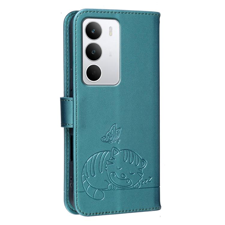 For Realme C71 4G Cat Butterfly Embossed RFID Vegan Leather Phone Case with Strap