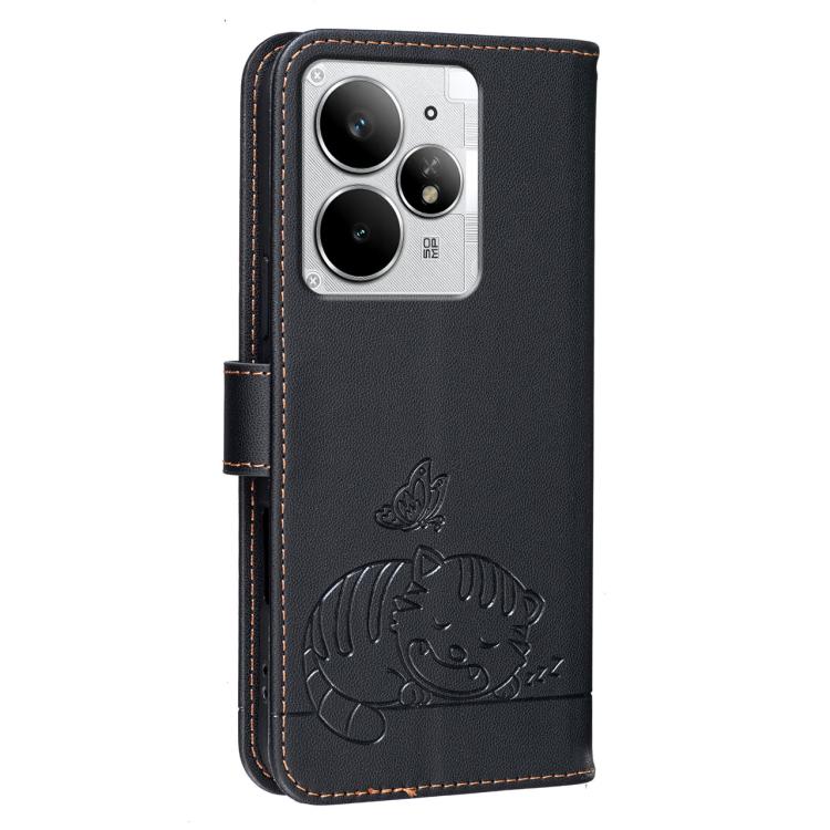 For Realme Neo7 Turbo Cat Butterfly Embossed RFID Vegan Leather Phone Case with Strap
