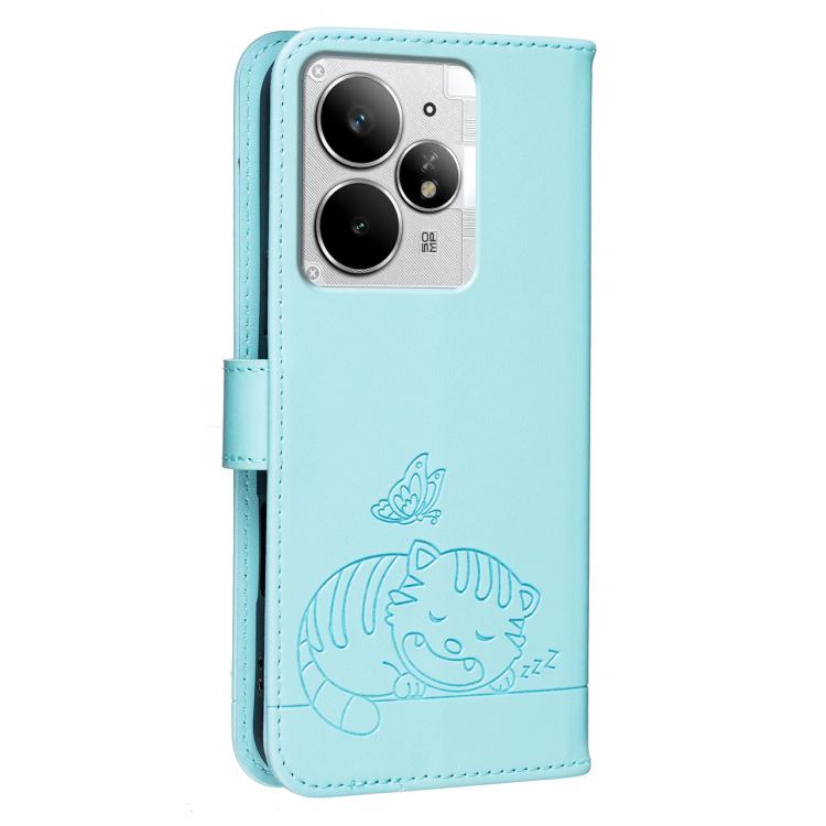 For Realme Neo7 Turbo Cat Butterfly Embossed RFID Vegan Leather Phone Case with Strap