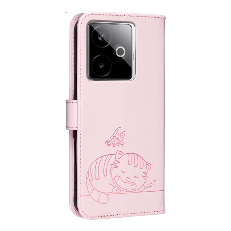 For Realme GT7 Global Cat Butterfly Embossed RFID Vegan Leather Phone Case with Strap