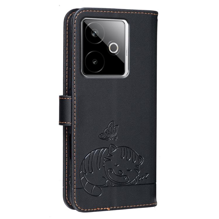 For Realme GT7 Global Cat Butterfly Embossed RFID Vegan Leather Phone Case with Strap