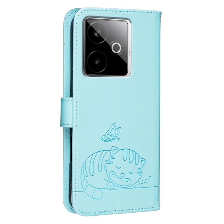 For Realme GT7 Global Cat Butterfly Embossed RFID Vegan Leather Phone Case with Strap