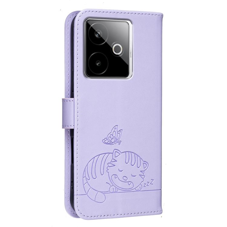 For Realme GT7 Global Cat Butterfly Embossed RFID Vegan Leather Phone Case with Strap