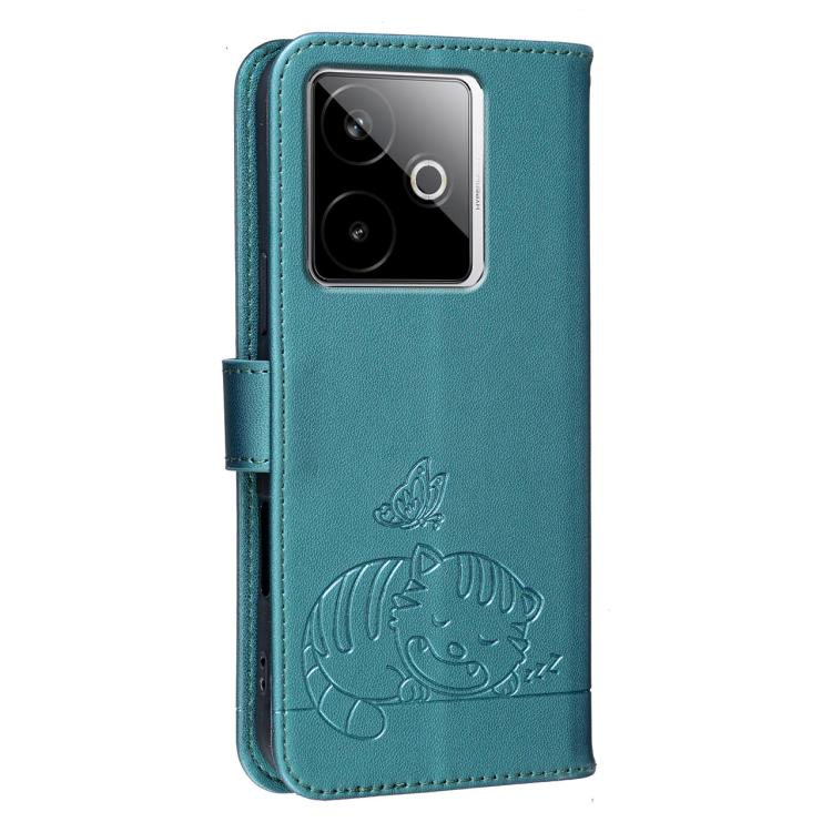 For Realme GT7 Global Cat Butterfly Embossed RFID Vegan Leather Phone Case with Strap